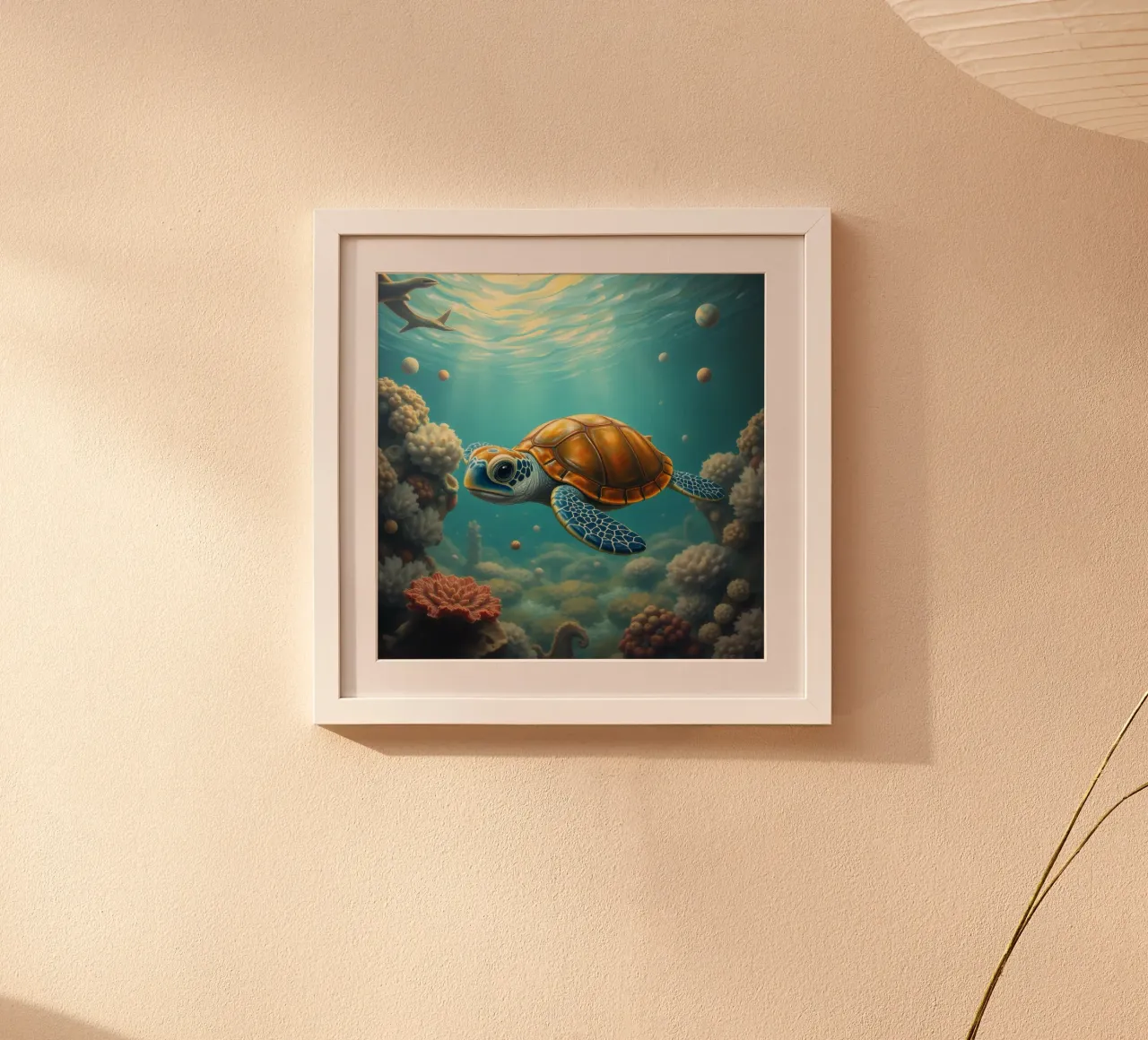 Une tortue de mer nage gracieusement dans un récif corallien dynamique poster de DesignDoodle