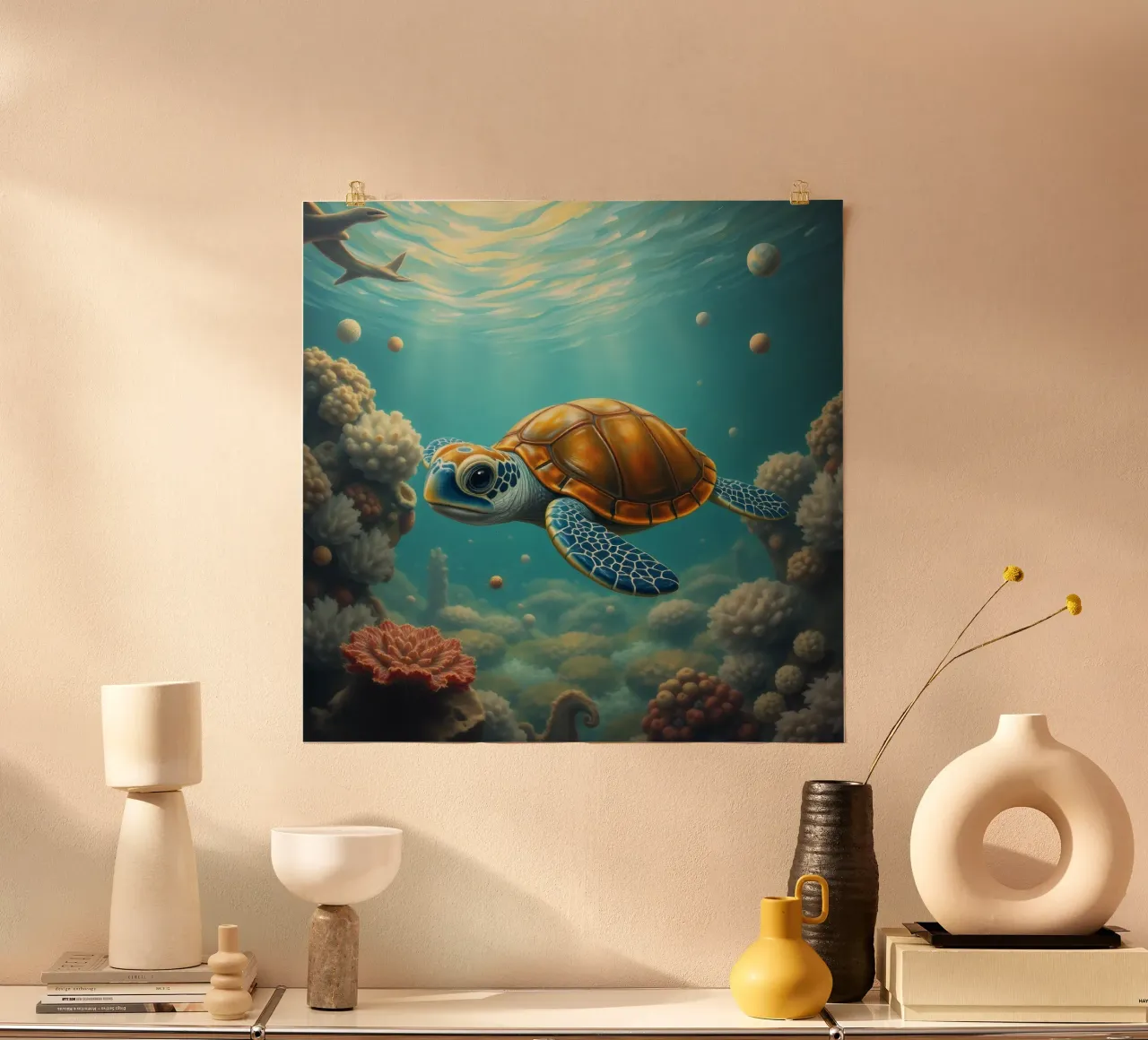 Une tortue de mer nage gracieusement dans un récif corallien dynamique poster de DesignDoodle