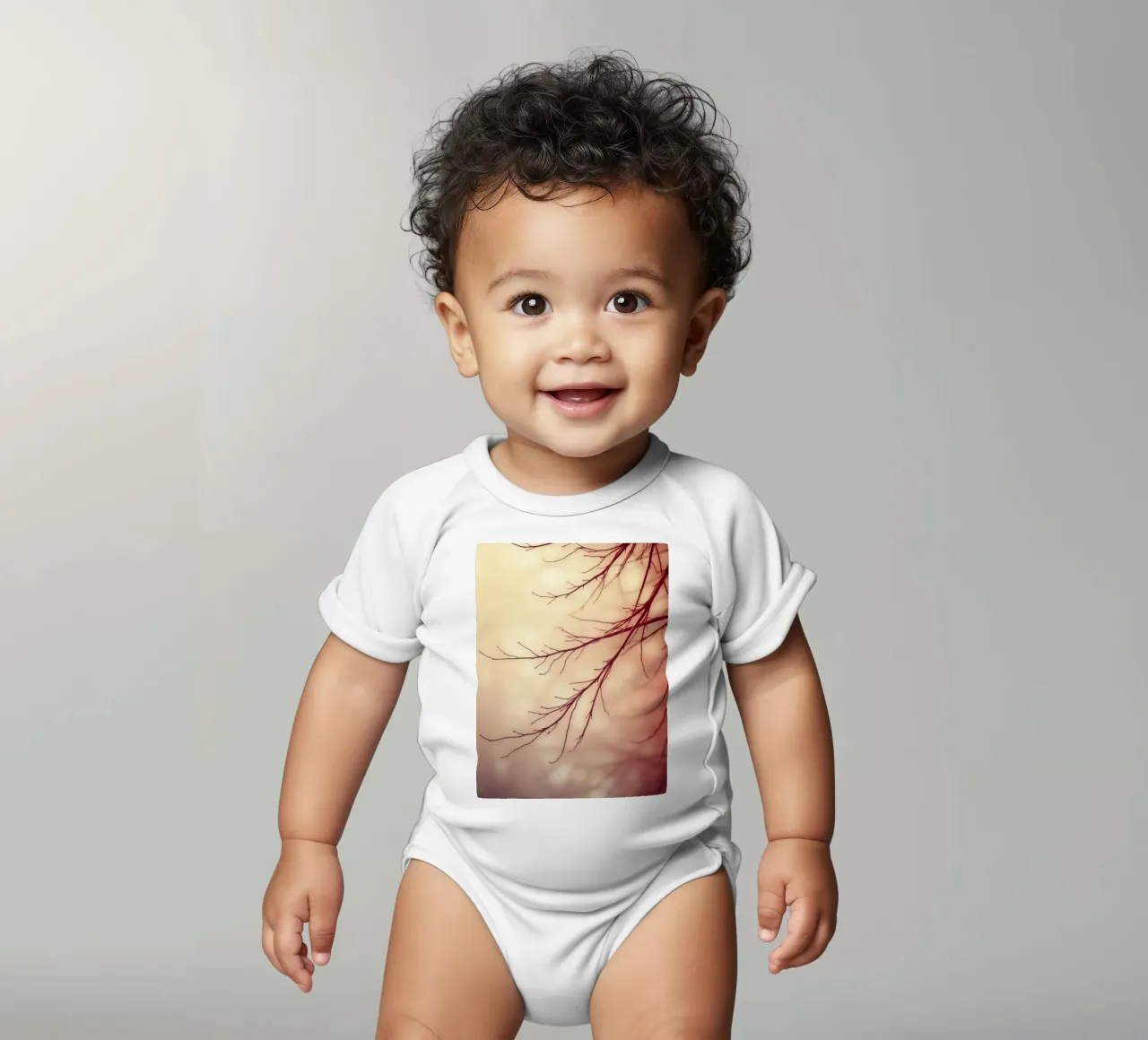a softly blurred background with graceful tree branches short-sleeve baby romper by DesignDoodle