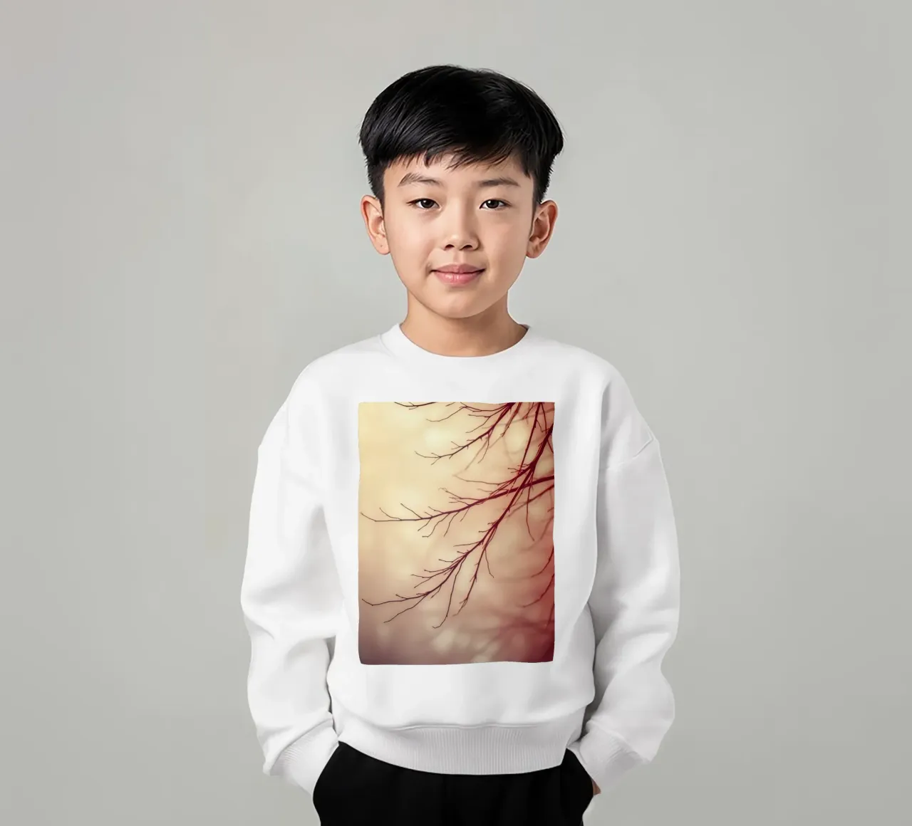 a softly blurred background with graceful tree branches kids sweatshirt by DesignDoodle