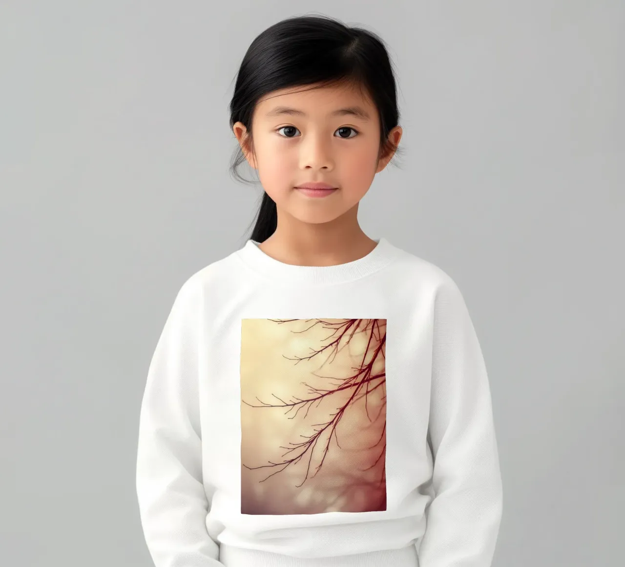 a softly blurred background with graceful tree branches kids sweatshirt by DesignDoodle