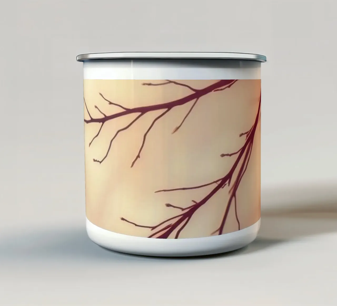 a softly blurred background with graceful tree branches enamel mug by DesignDoodle