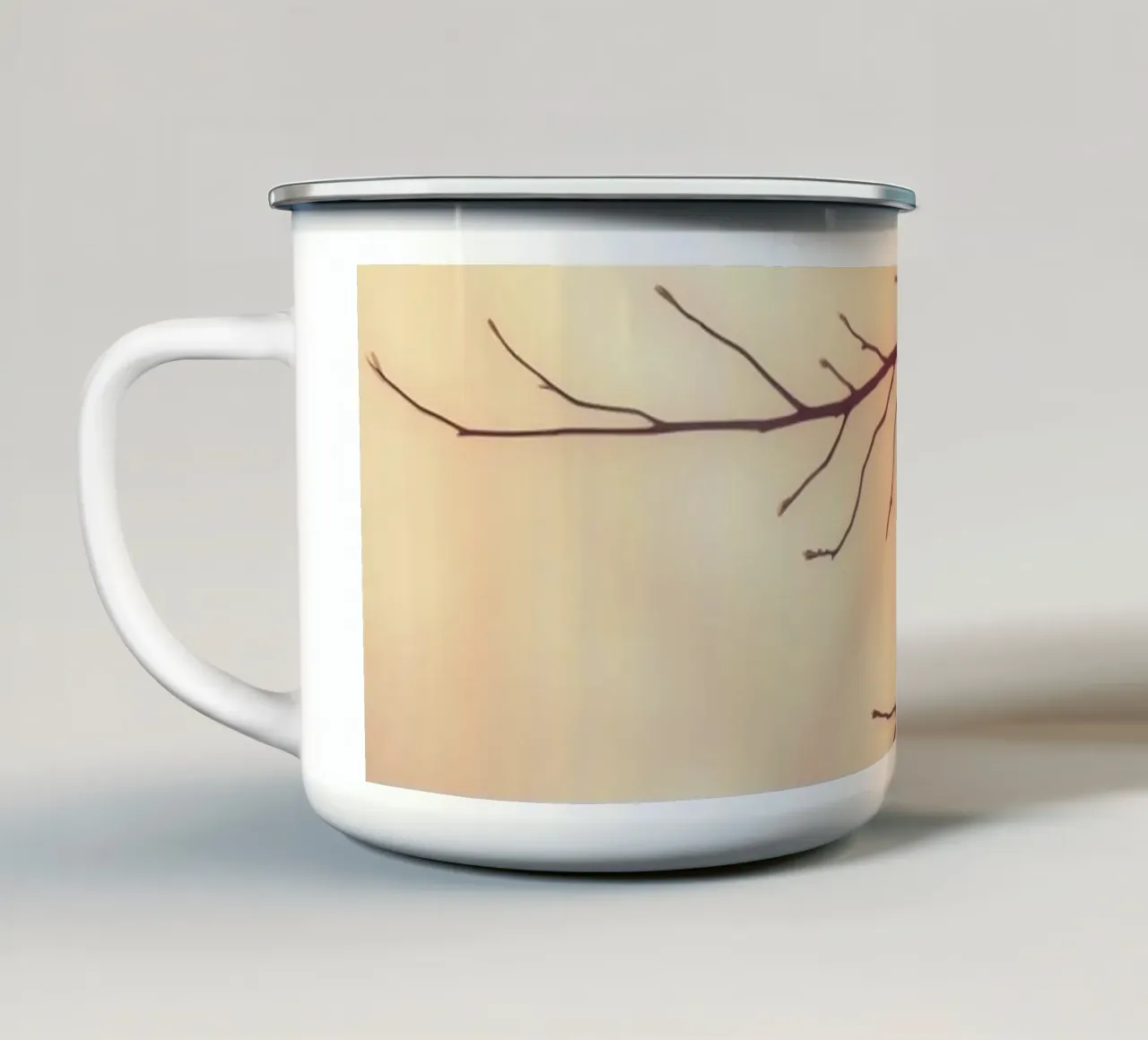 a softly blurred background with graceful tree branches enamel mug by DesignDoodle