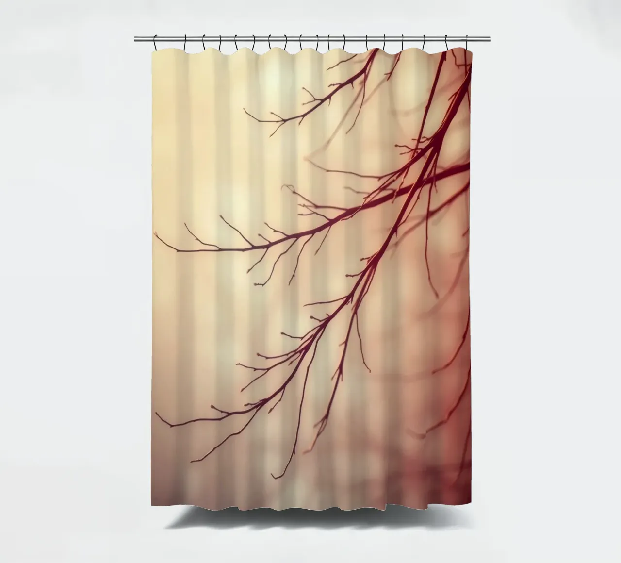 a softly blurred background with graceful tree branches shower curtain by DesignDoodle