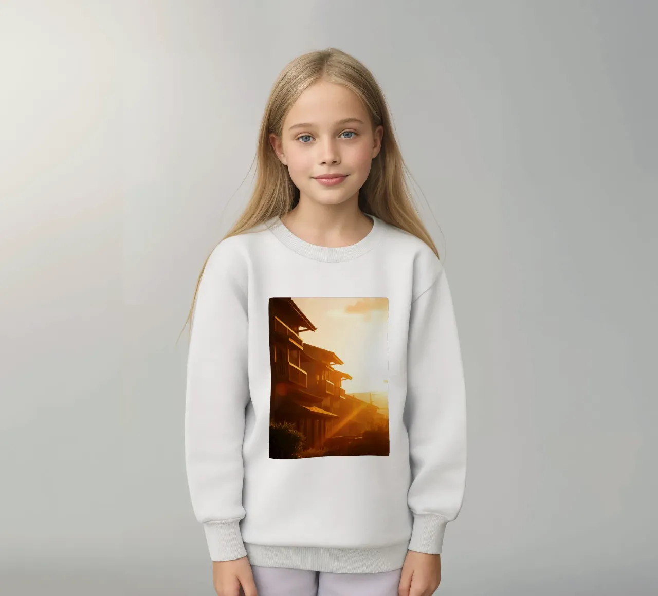 Beautiful sunset illuminating residential homes kids sweatshirt by DesignDoodle
