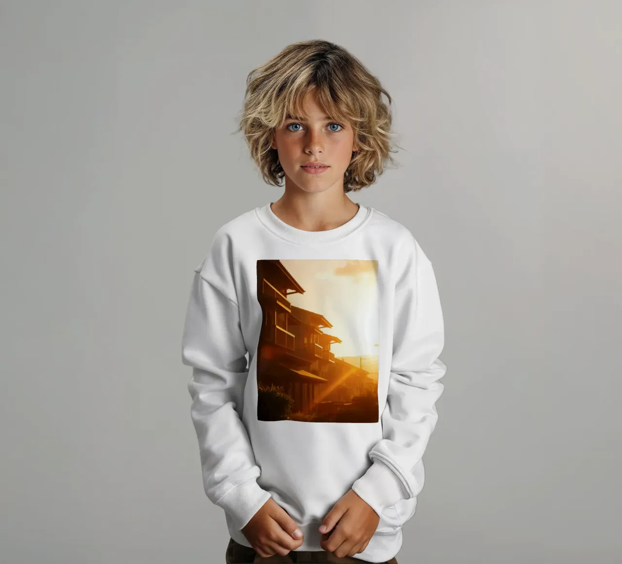 Beautiful sunset illuminating residential homes kids sweatshirt by DesignDoodle