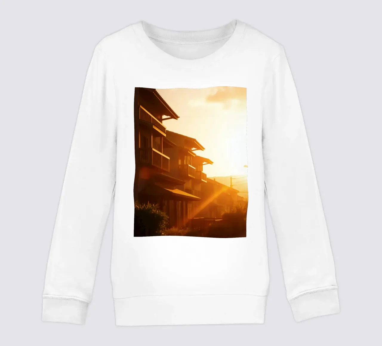 Beautiful sunset illuminating residential homes kids sweatshirt by DesignDoodle