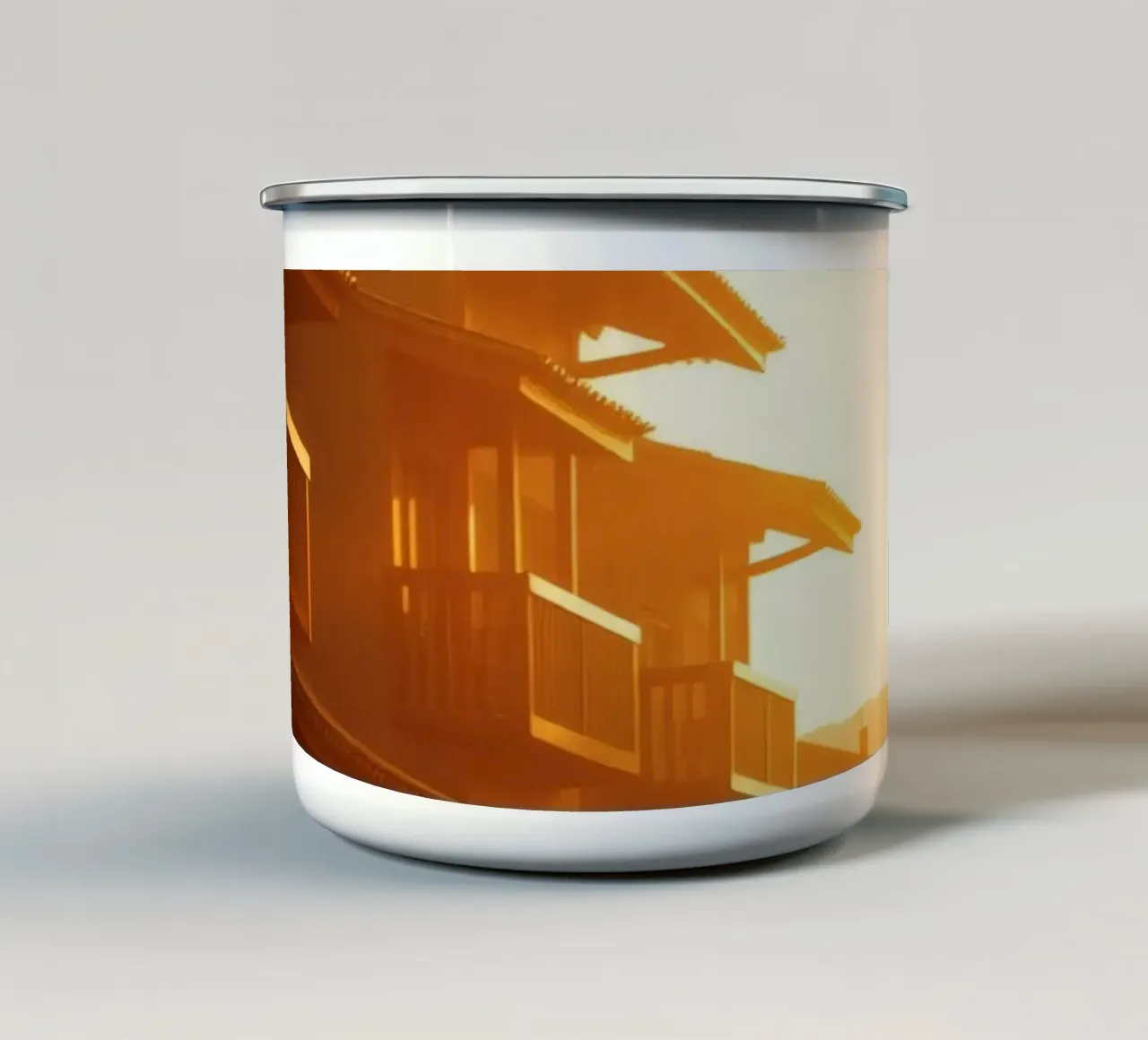 Un bellissimo tramonto illumina le case residenziali tazza in smalto da DesignDoodle