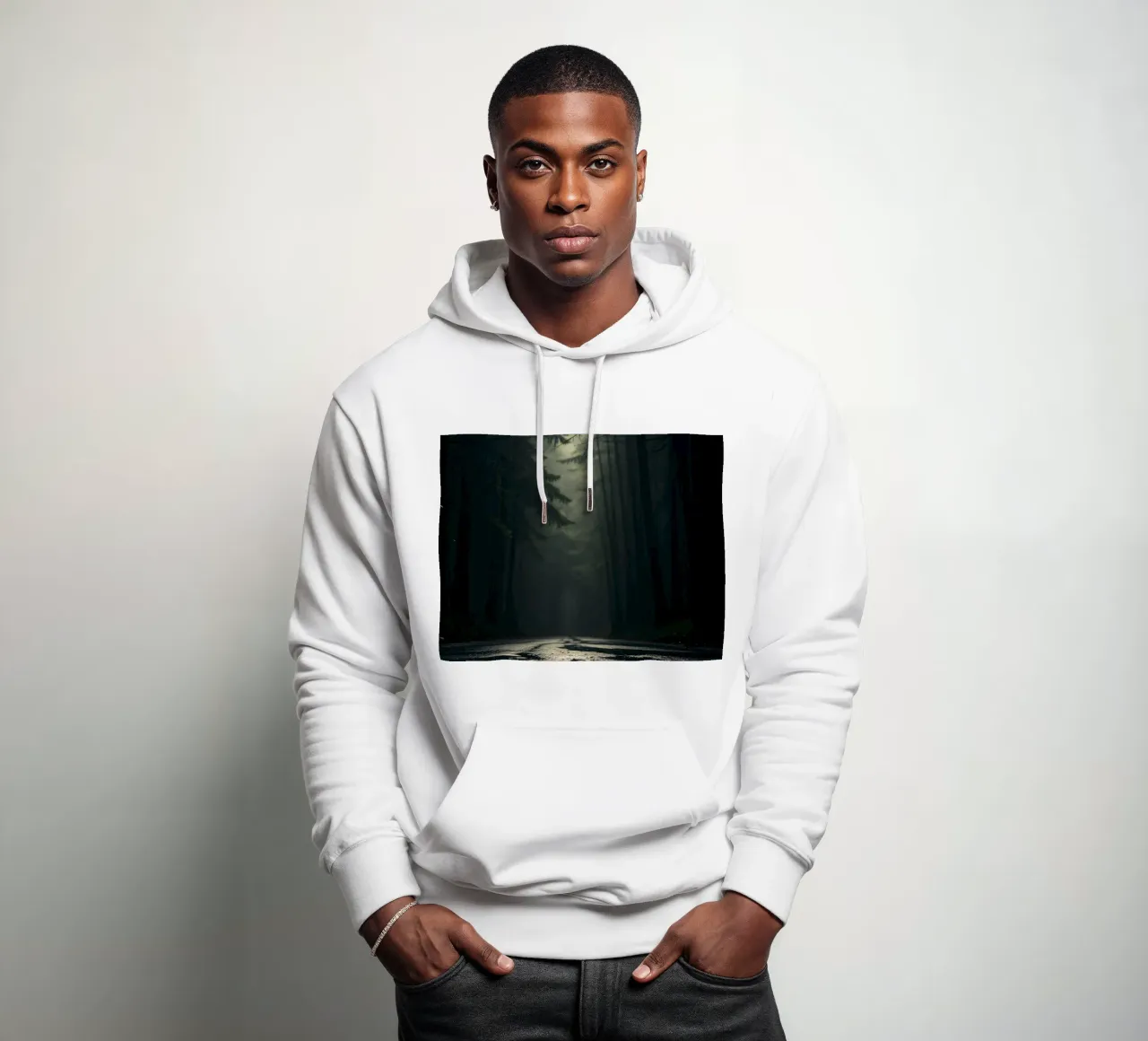 Chemin forestier brumeux avec une lumière douce filtrant à travers les grands arbres sweat à capuche de DesignDoodle