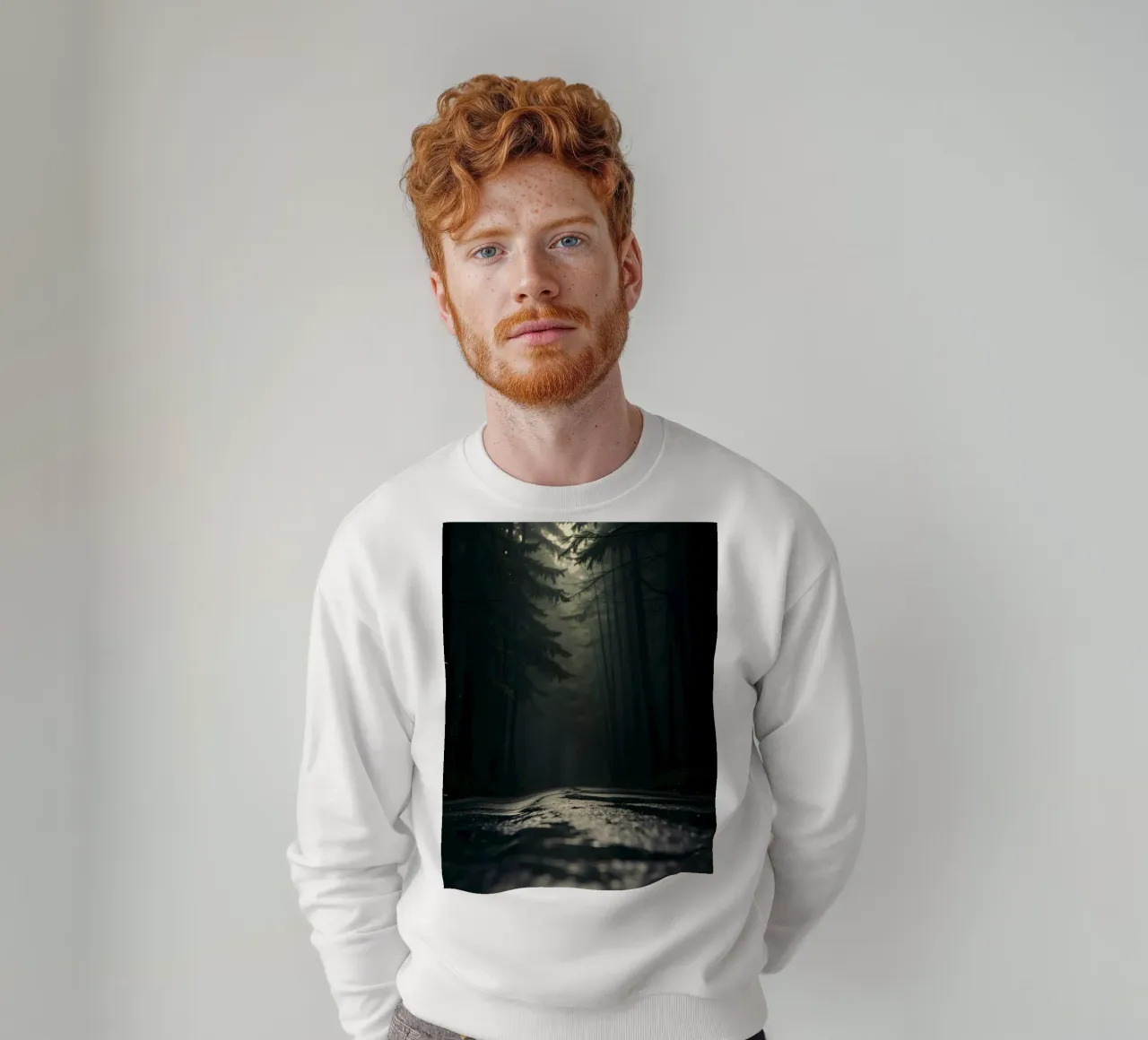 Chemin forestier brumeux avec une lumière douce filtrant à travers les grands arbres sweat de DesignDoodle