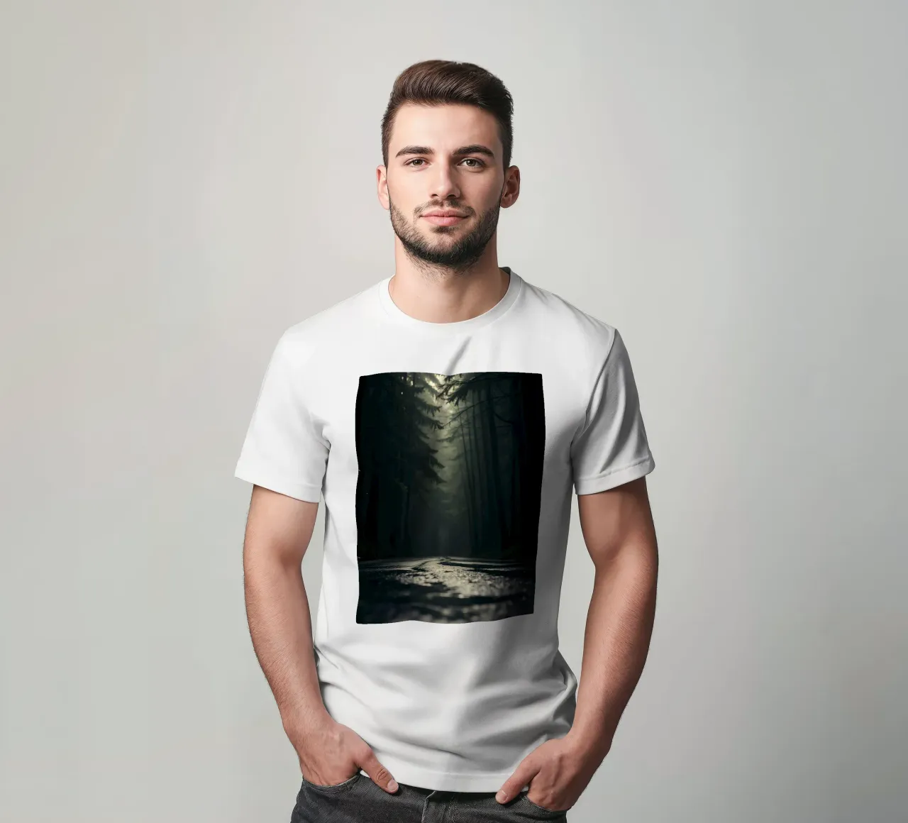 Chemin forestier brumeux avec une lumière douce filtrant à travers les grands arbres t-shirt de DesignDoodle