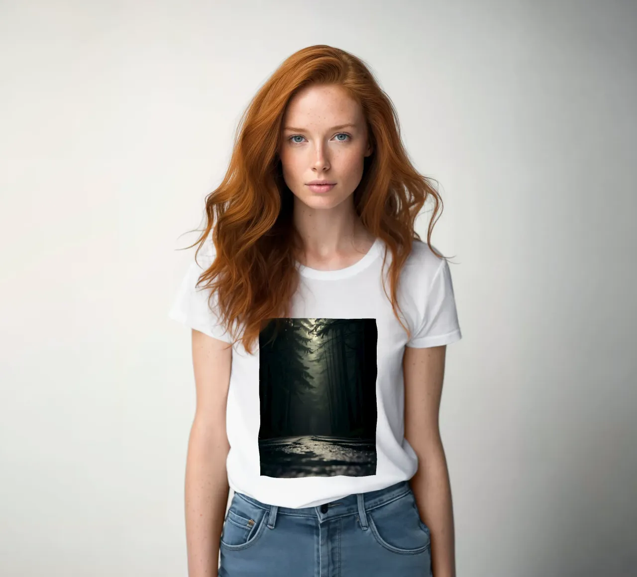 Misty forest path with soft light filters through tall trees women's fitted t-shirt by DesignDoodle