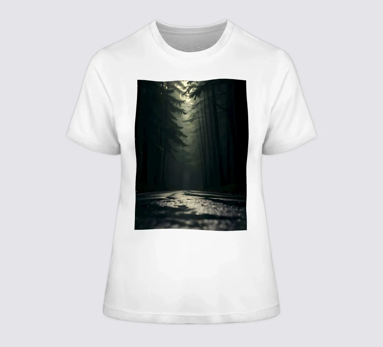 Misty forest path with soft light filters through tall trees women's fitted t-shirt by DesignDoodle