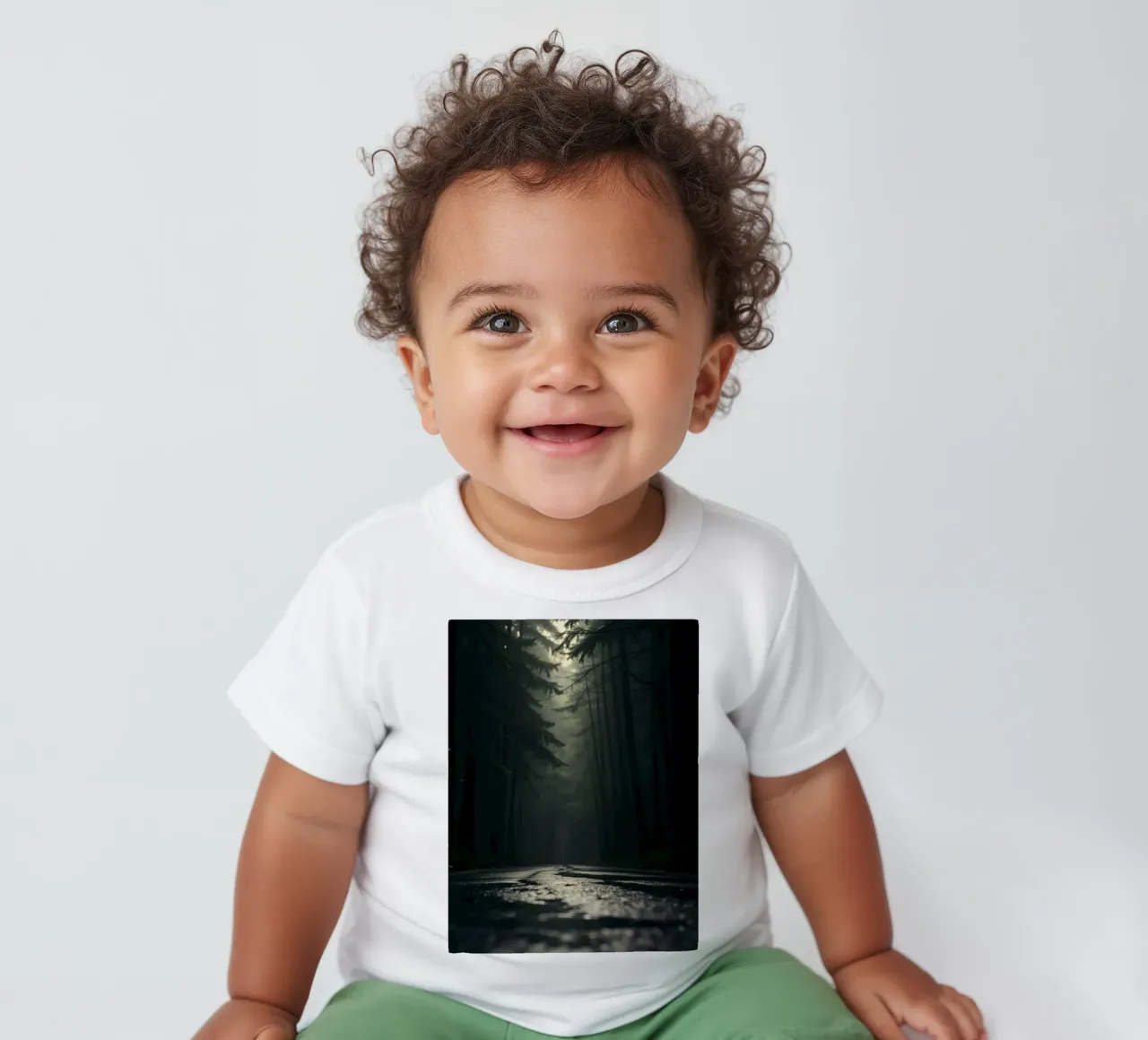 Chemin forestier brumeux avec une lumière douce filtrant à travers les grands arbres t-shirt pour bébé de DesignDoodle