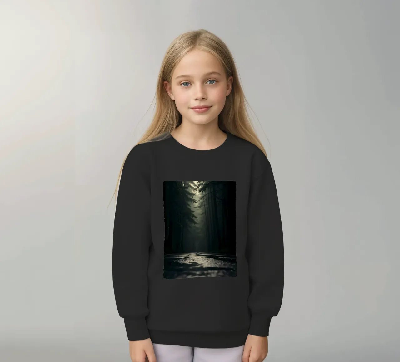 Chemin forestier brumeux avec une lumière douce filtrant à travers les grands arbres sweat enfant de DesignDoodle