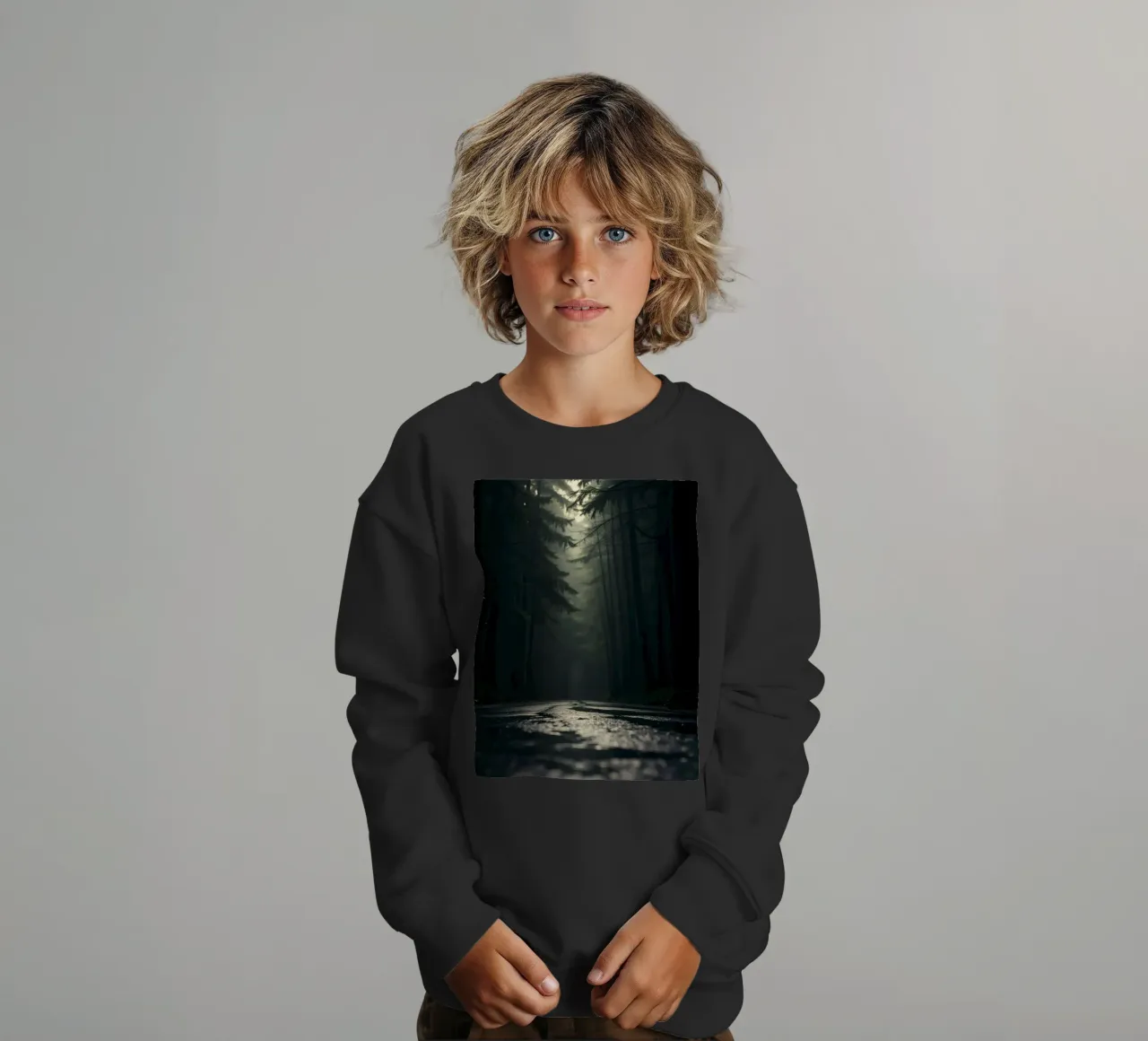 Chemin forestier brumeux avec une lumière douce filtrant à travers les grands arbres sweat enfant de DesignDoodle