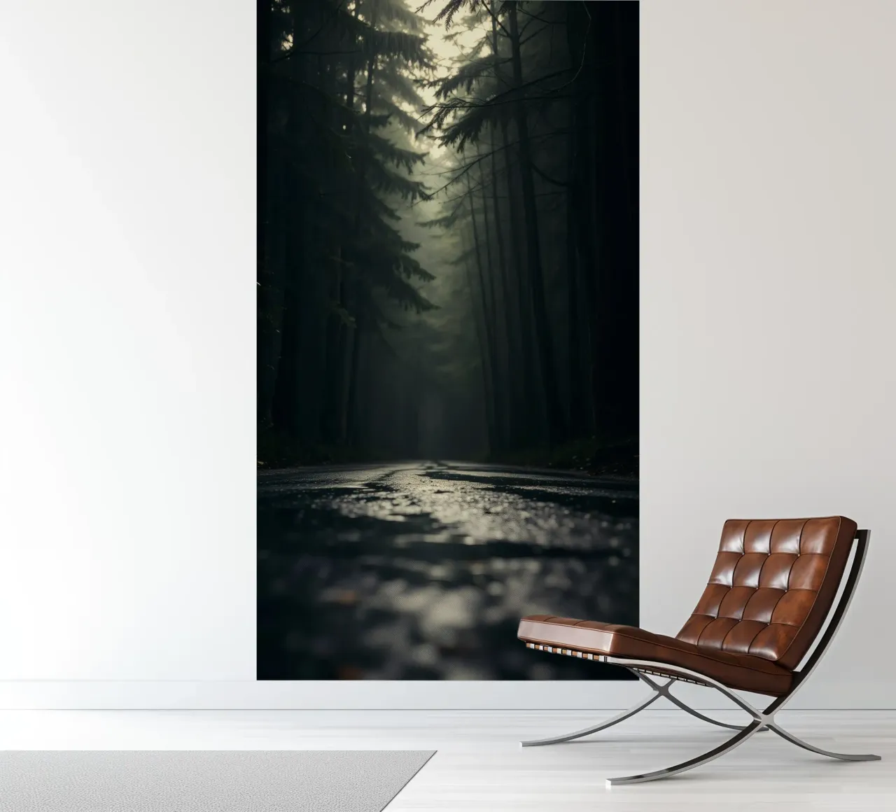 Chemin forestier brumeux avec une lumière douce filtrant à travers les grands arbres papier peint photo de DesignDoodle