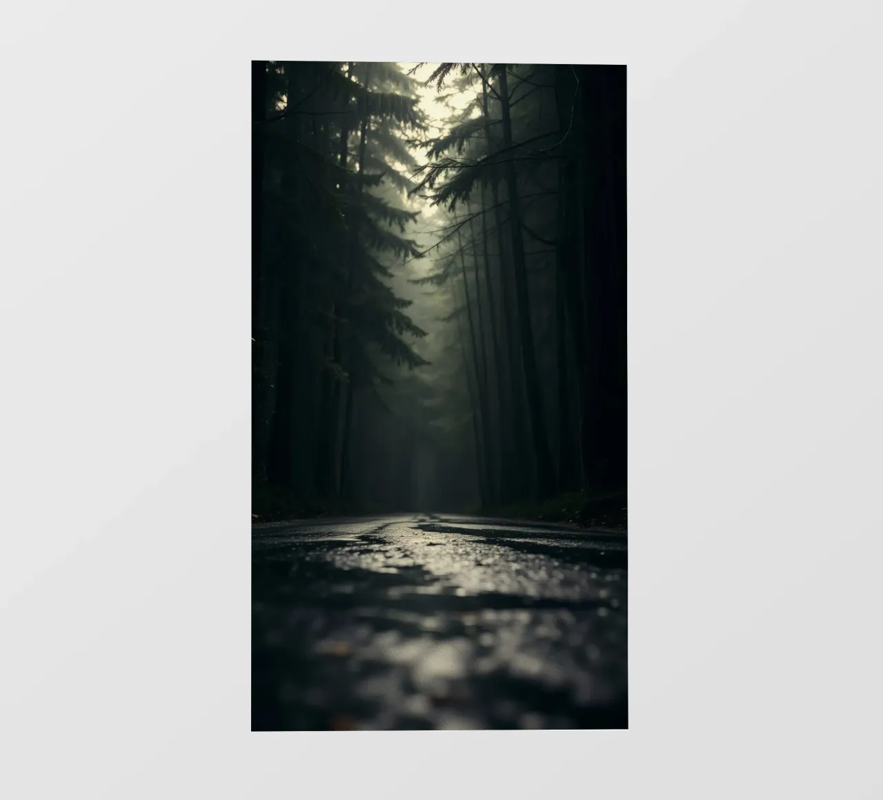 Chemin forestier brumeux avec une lumière douce filtrant à travers les grands arbres papier peint photo de DesignDoodle
