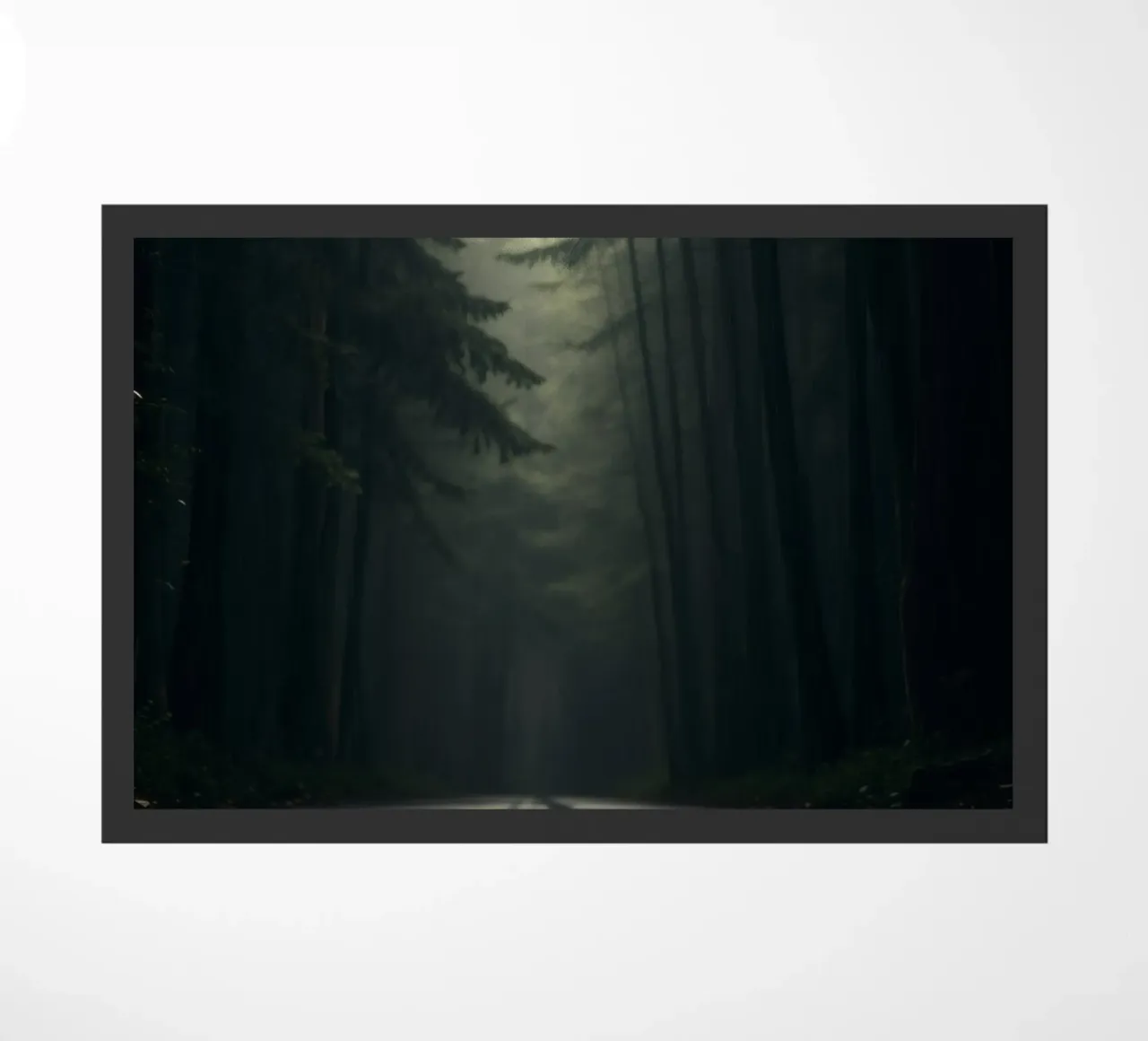 Chemin forestier brumeux avec une lumière douce filtrant à travers les grands arbres paillasson de DesignDoodle