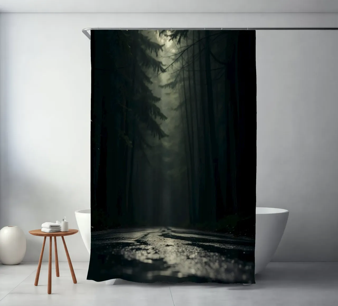 Misty forest path with soft light filters through tall trees shower curtain by DesignDoodle