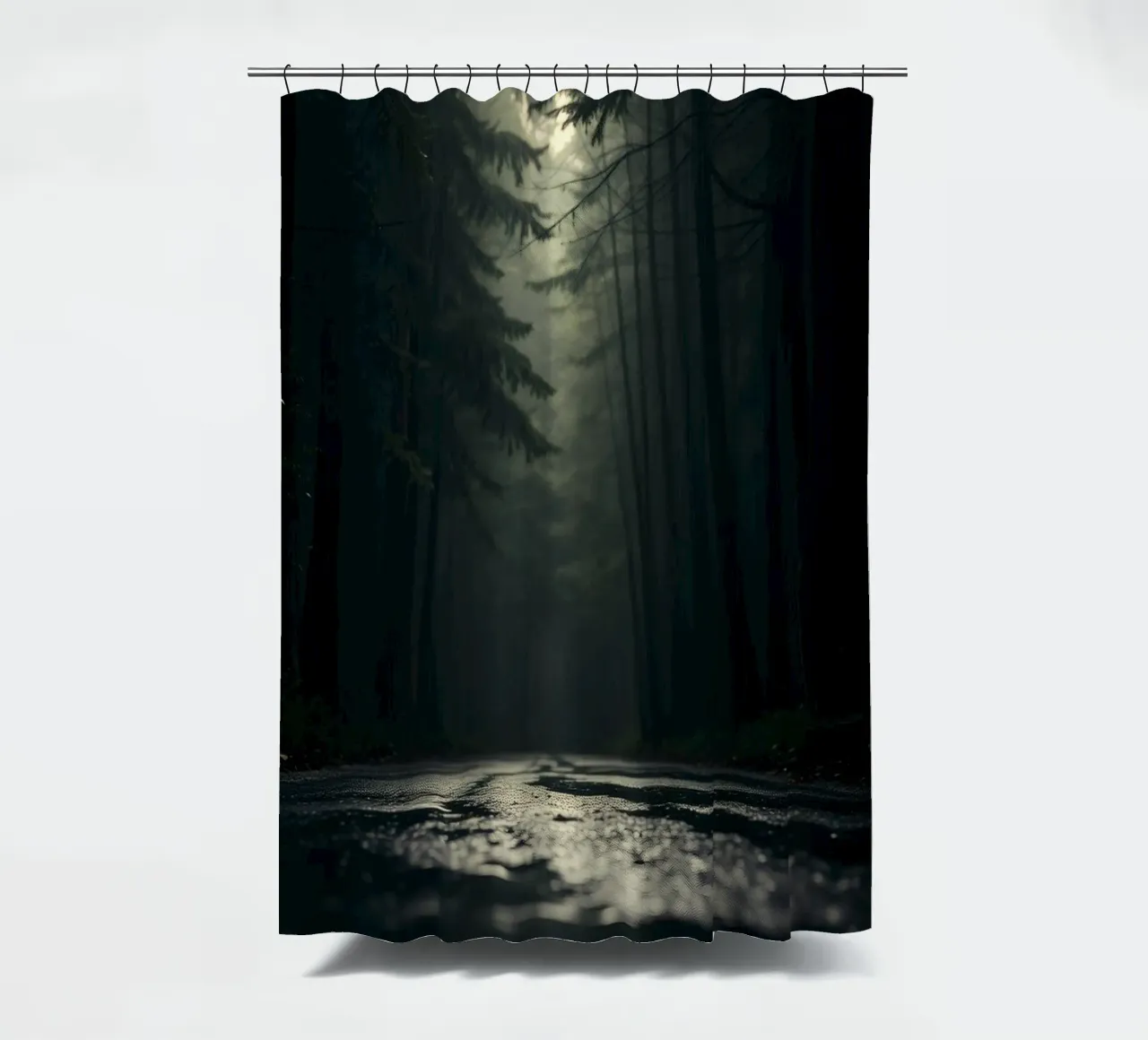 Misty forest path with soft light filters through tall trees shower curtain by DesignDoodle