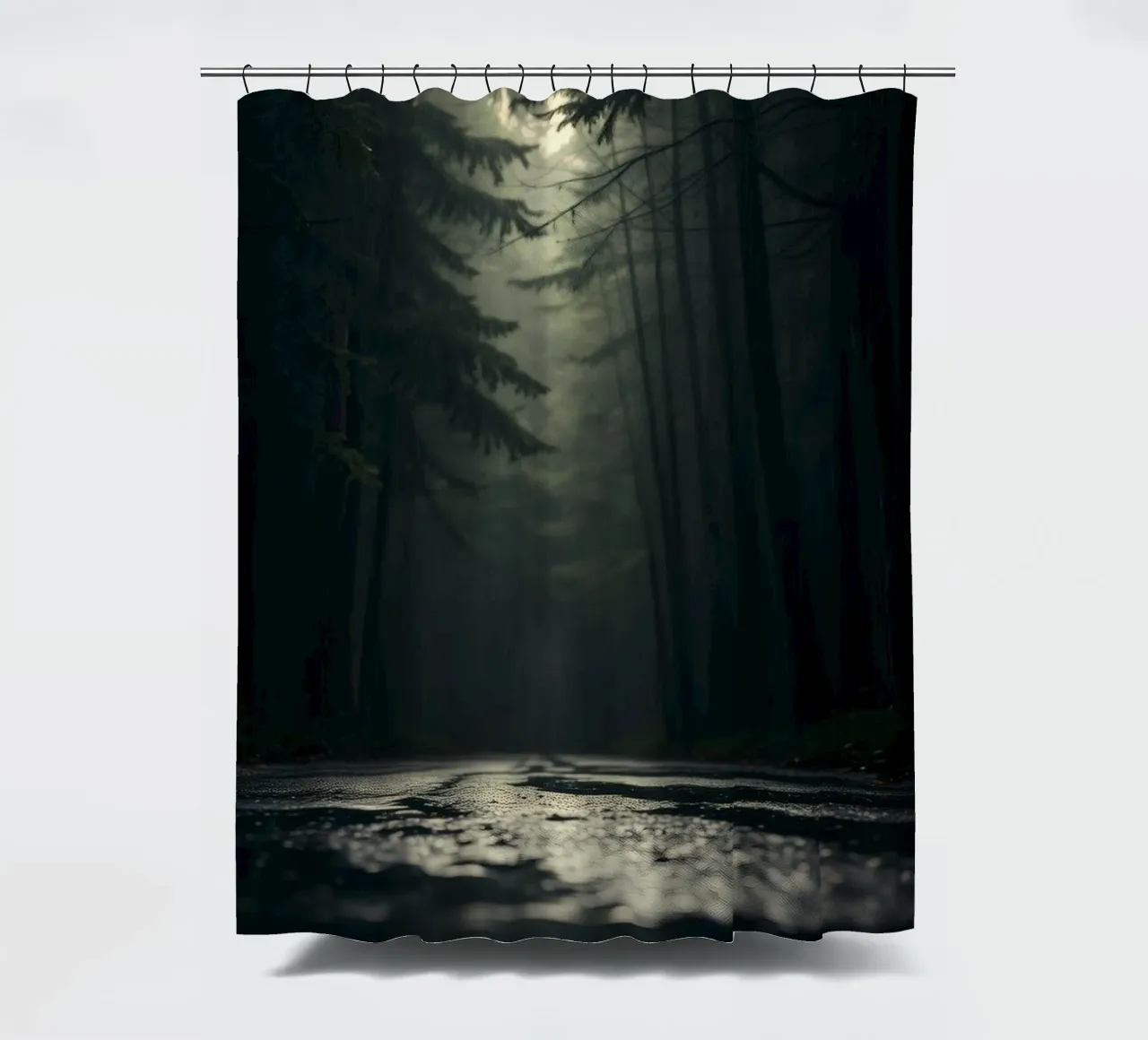 Misty forest path with soft light filters through tall trees shower curtain by DesignDoodle