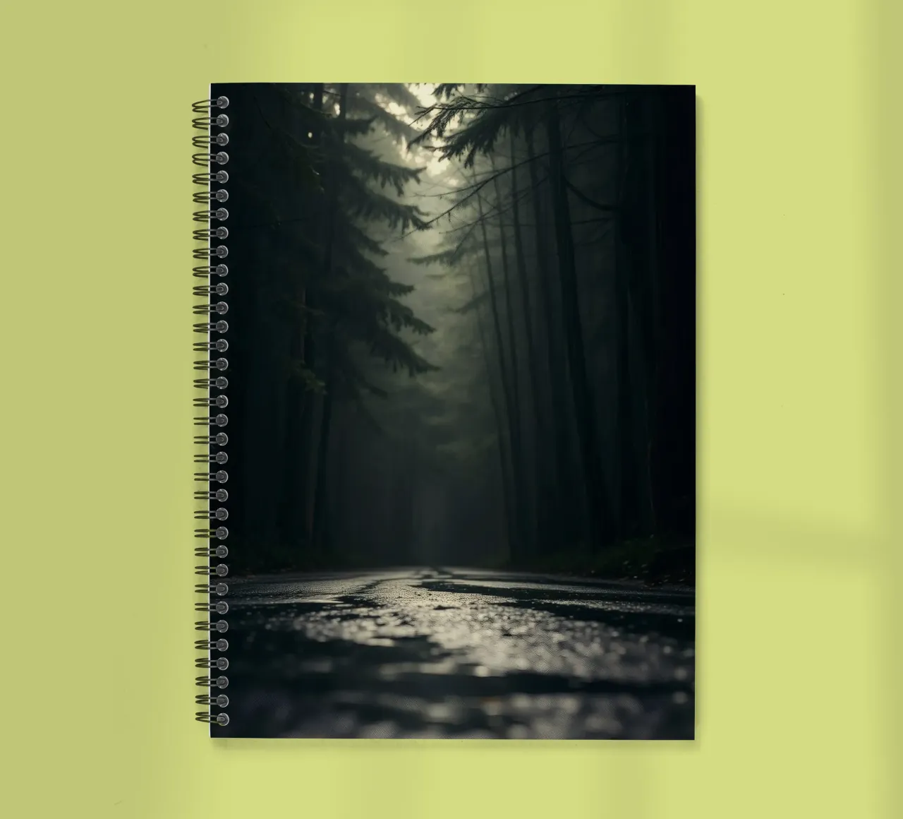 Chemin forestier brumeux avec une lumière douce filtrant à travers les grands arbres carnet à spirale de DesignDoodle