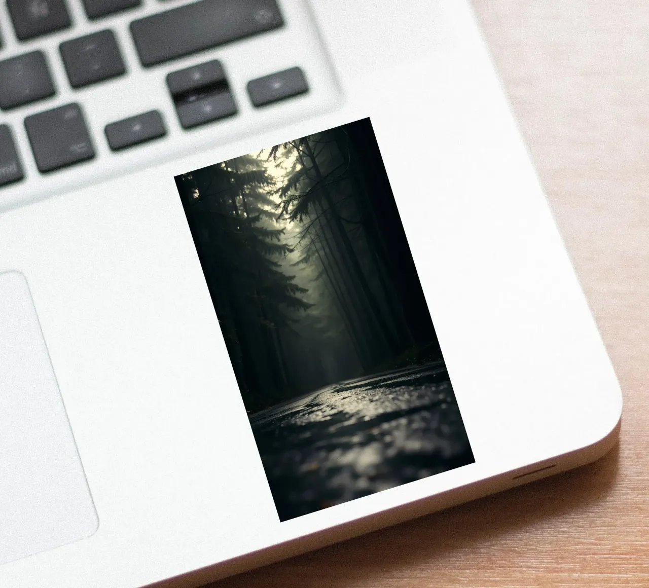 Chemin forestier brumeux avec une lumière douce filtrant à travers les grands arbres autocollant de DesignDoodle