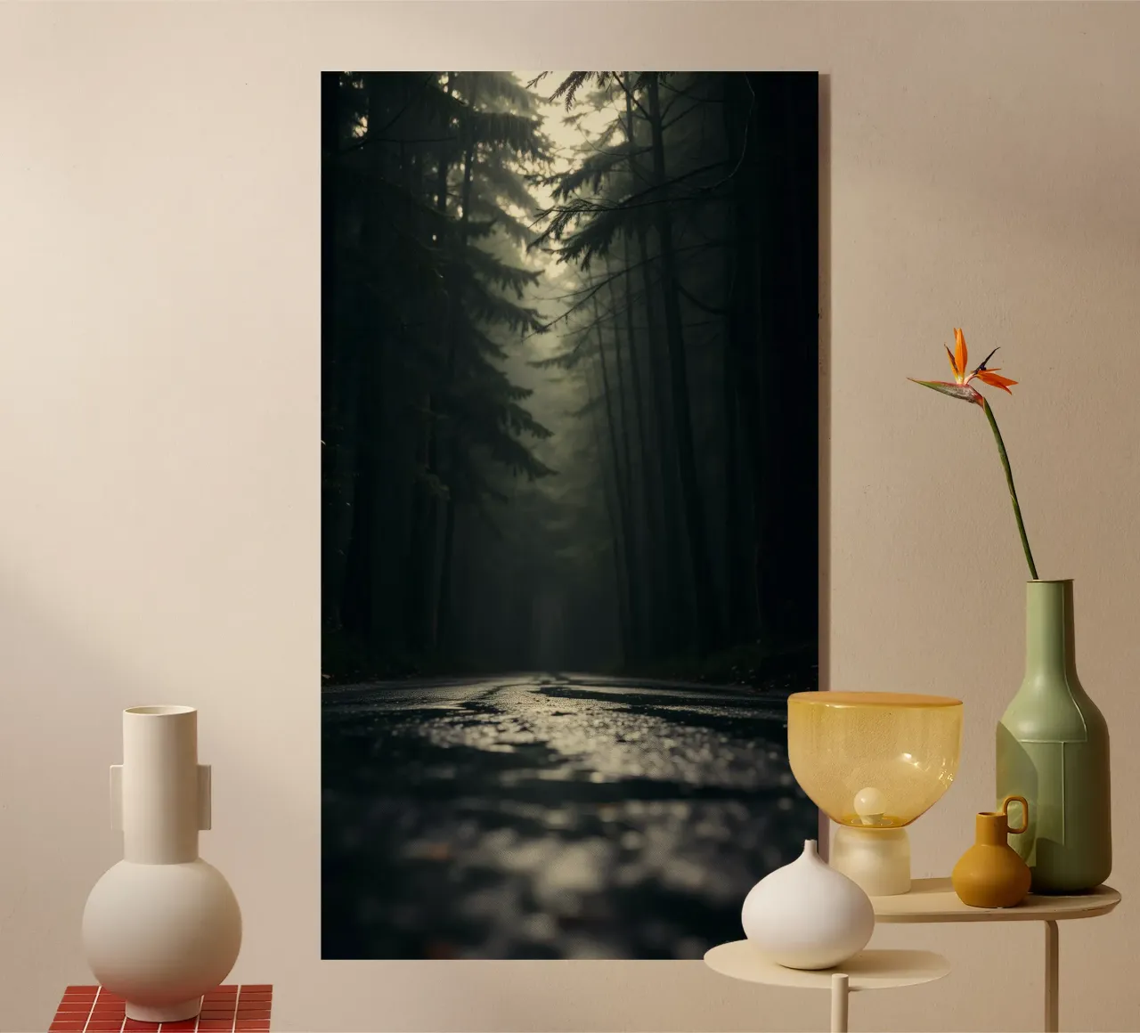 Chemin forestier brumeux avec une lumière douce filtrant à travers les grands arbres plexiglas de DesignDoodle