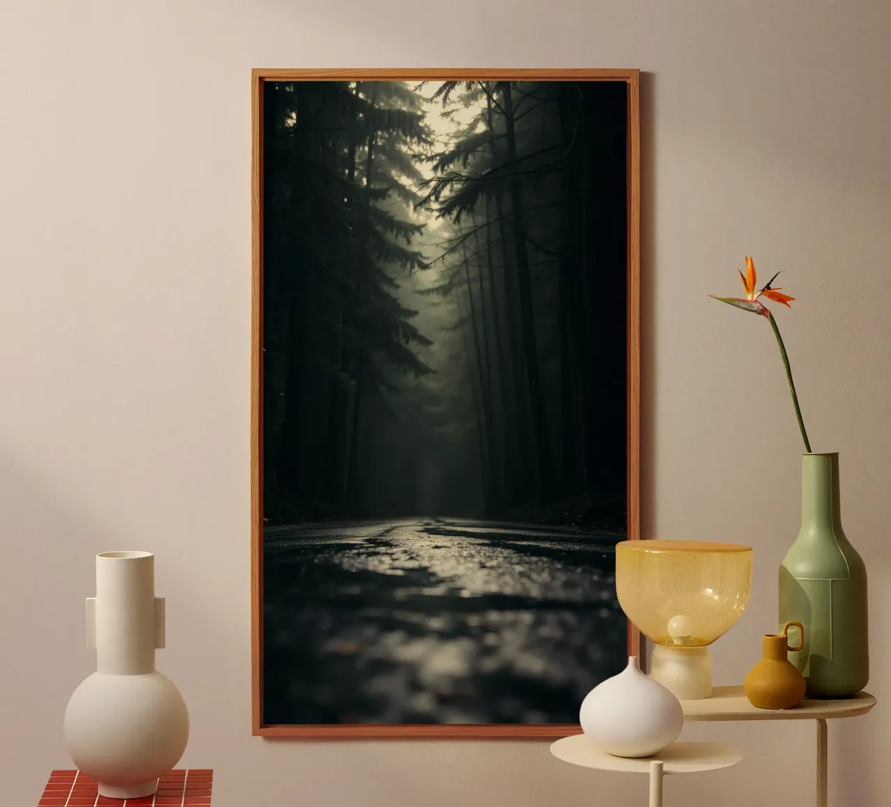 Misty forest path with soft light filters through tall trees alu-dibond by DesignDoodle