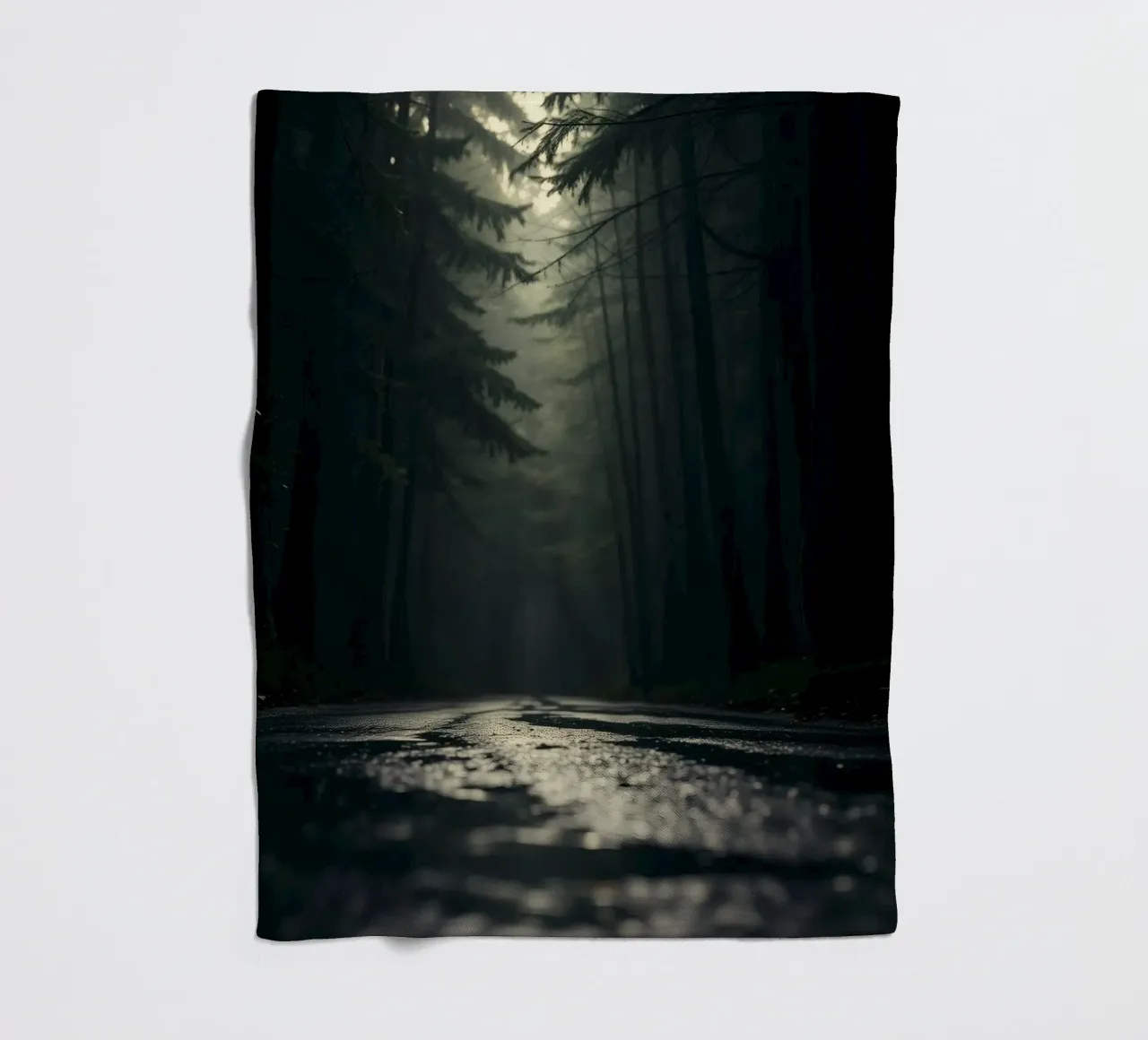 Misty forest path with soft light filters through tall trees fleece blanket by DesignDoodle