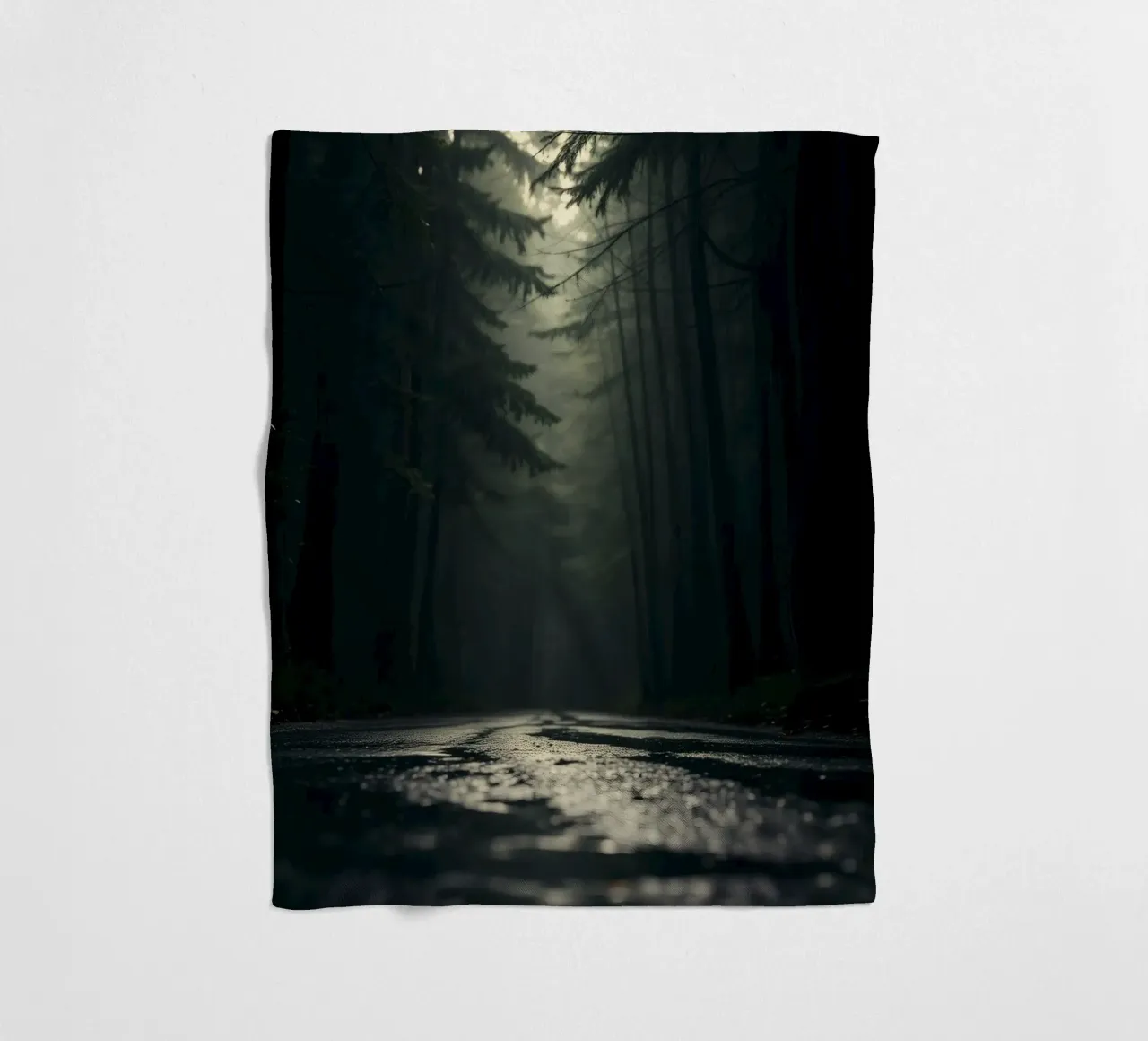 Misty forest path with soft light filters through tall trees fleece blanket by DesignDoodle