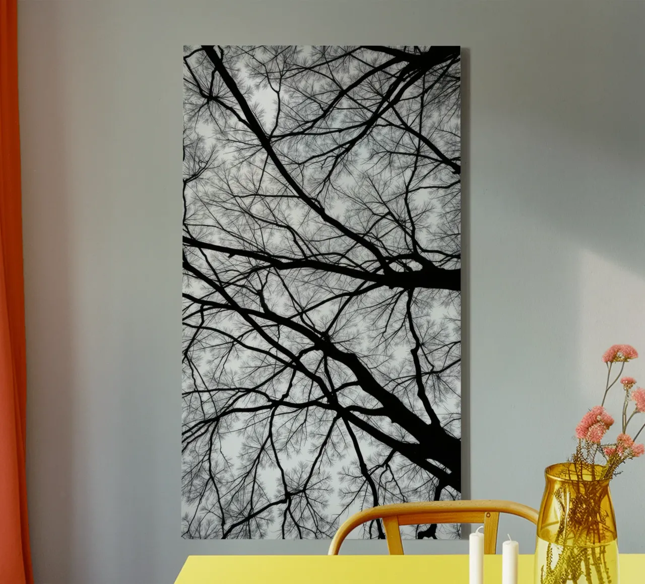 Lifeless branches stretch against a cloudy sky canvas with Floater frame by DesignDoodle