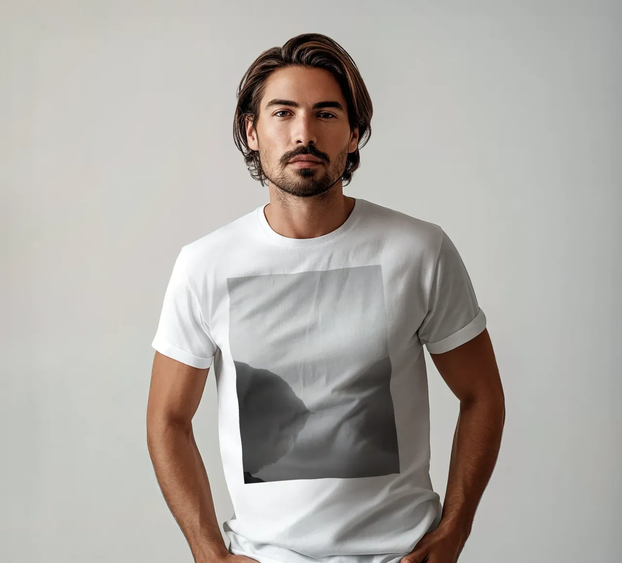 Misty mountain landscape with calm waters reflecting t-shirt by DesignDoodle