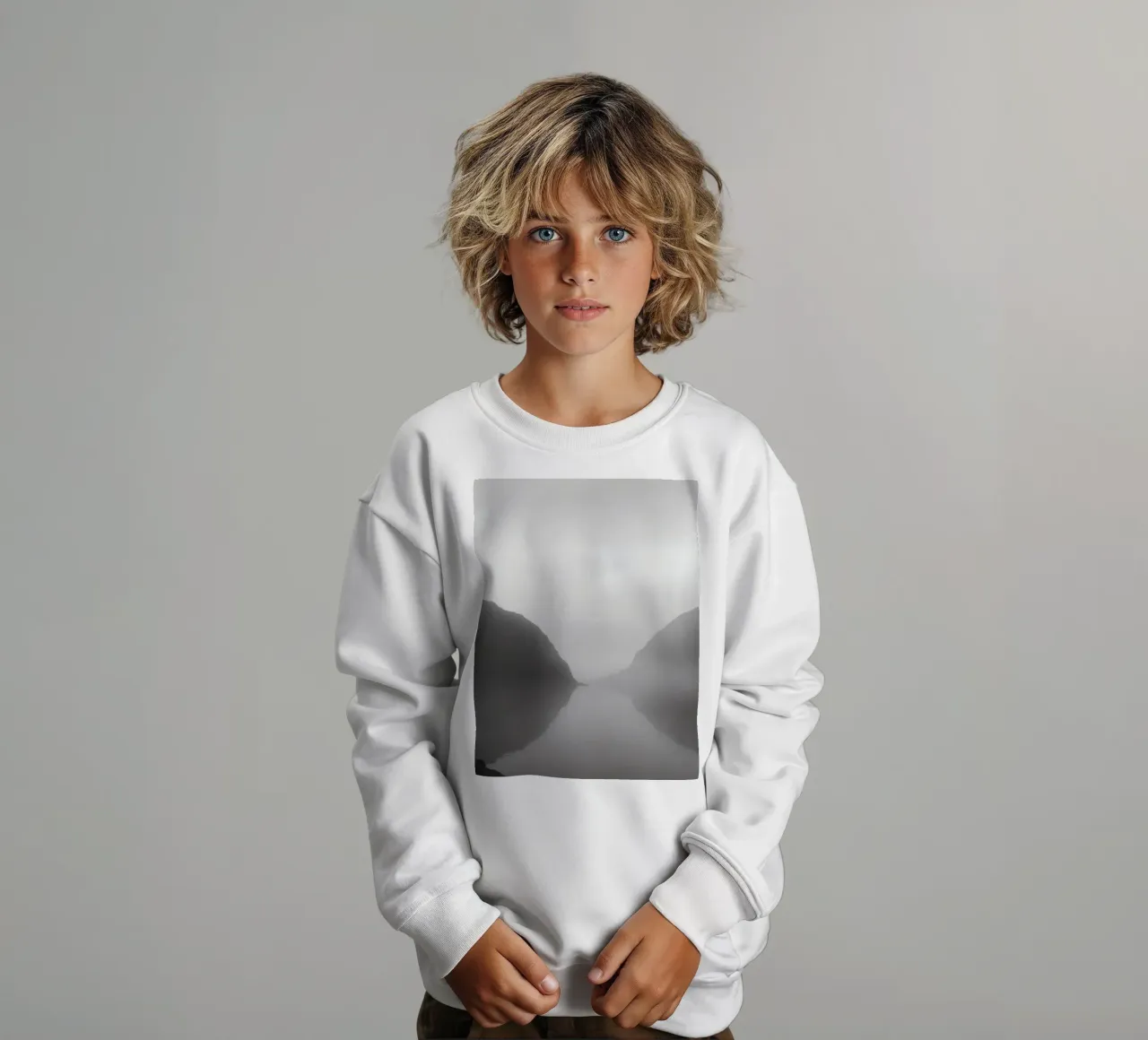 Misty mountain landscape with calm waters reflecting kids sweatshirt by DesignDoodle