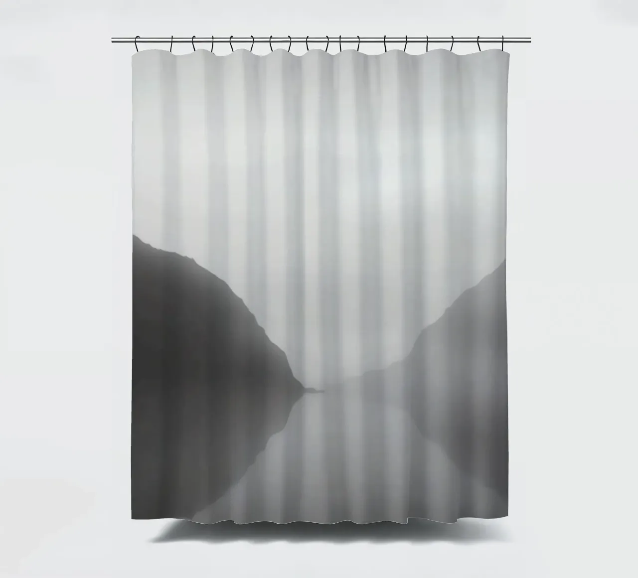 Misty mountain landscape with calm waters reflecting shower curtain by DesignDoodle