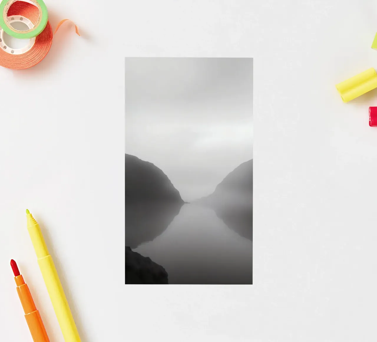 Misty mountain landscape with calm waters reflecting sticker by DesignDoodle