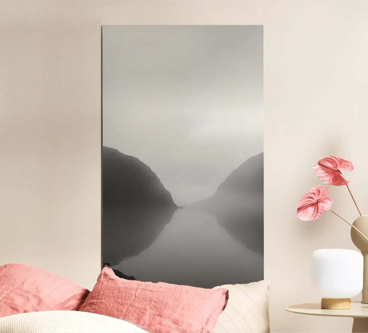 Misty mountain landscape with calm waters reflecting hahnemühle by DesignDoodle