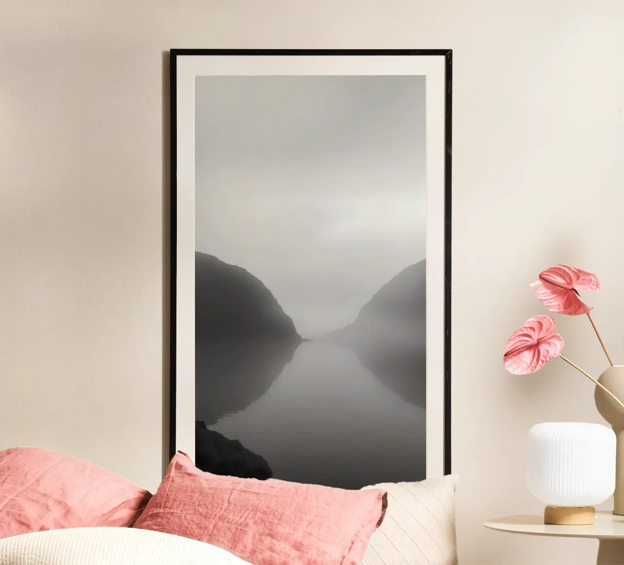 Misty mountain landscape with calm waters reflecting hahnemühle by DesignDoodle