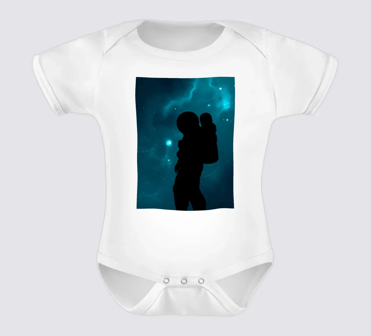 Stunning cosmic background featuring a silhouetted astronaut short-sleeve baby romper by DesignDoodle