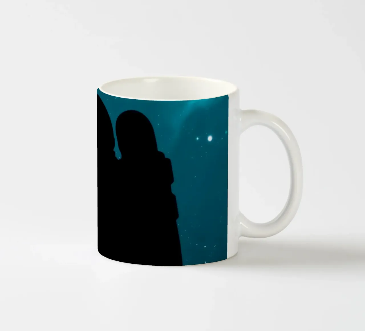 Stunning cosmic background featuring a silhouetted astronaut ceramic mug by DesignDoodle