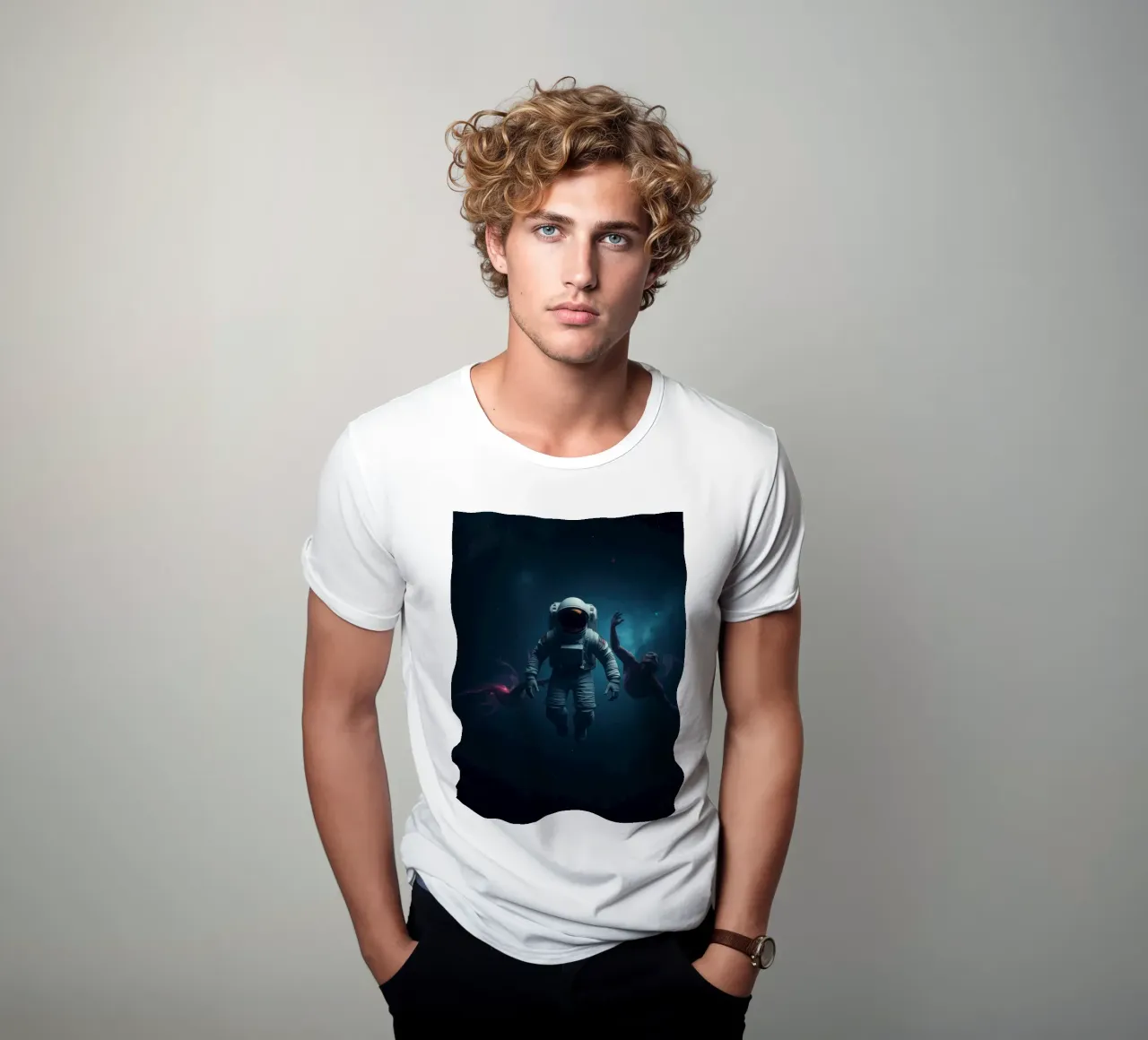 Cosmic exploration with astronaut and abstract beings t-shirt by DesignDoodle