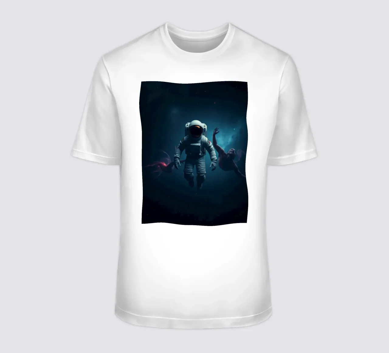 Cosmic exploration with astronaut and abstract beings t-shirt by DesignDoodle