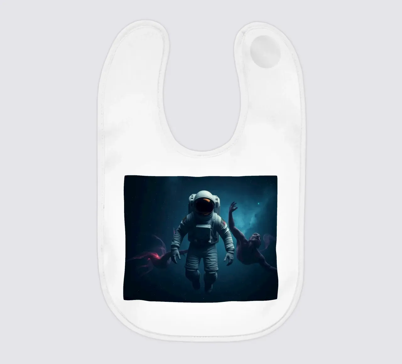Cosmic exploration with astronaut and abstract beings baby bib by DesignDoodle