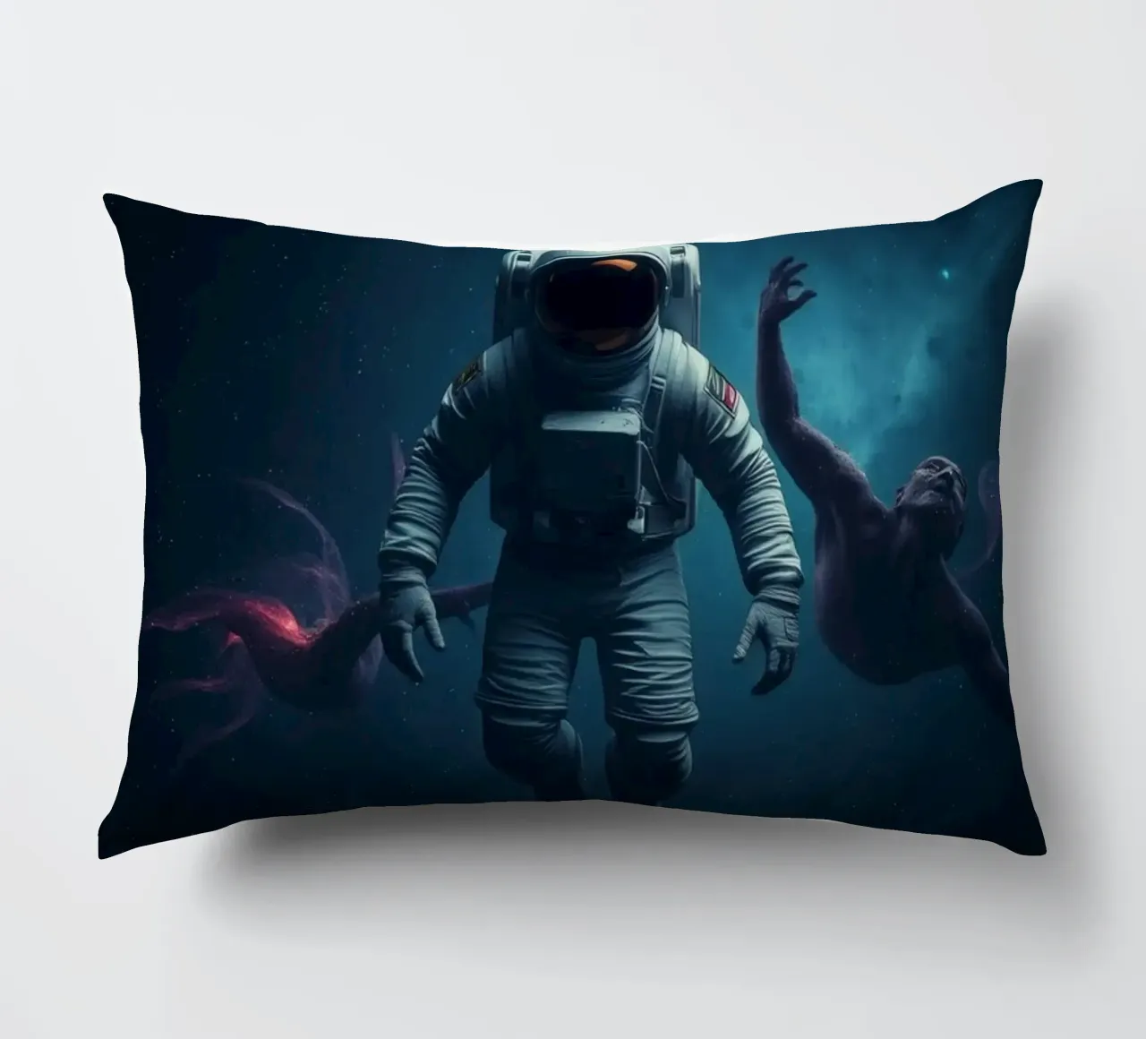 Cosmic exploration with astronaut and abstract beings decorative cushion by DesignDoodle