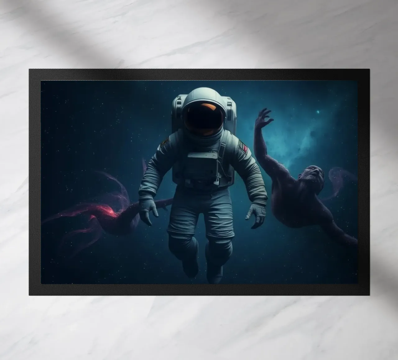 Cosmic exploration with astronaut and abstract beings doormat by DesignDoodle