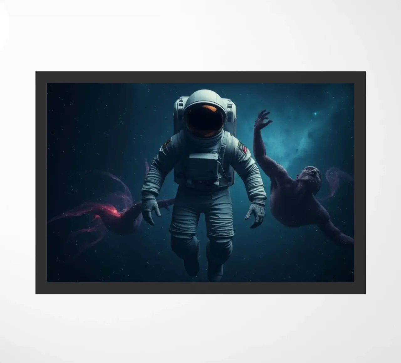 Cosmic exploration with astronaut and abstract beings doormat by DesignDoodle