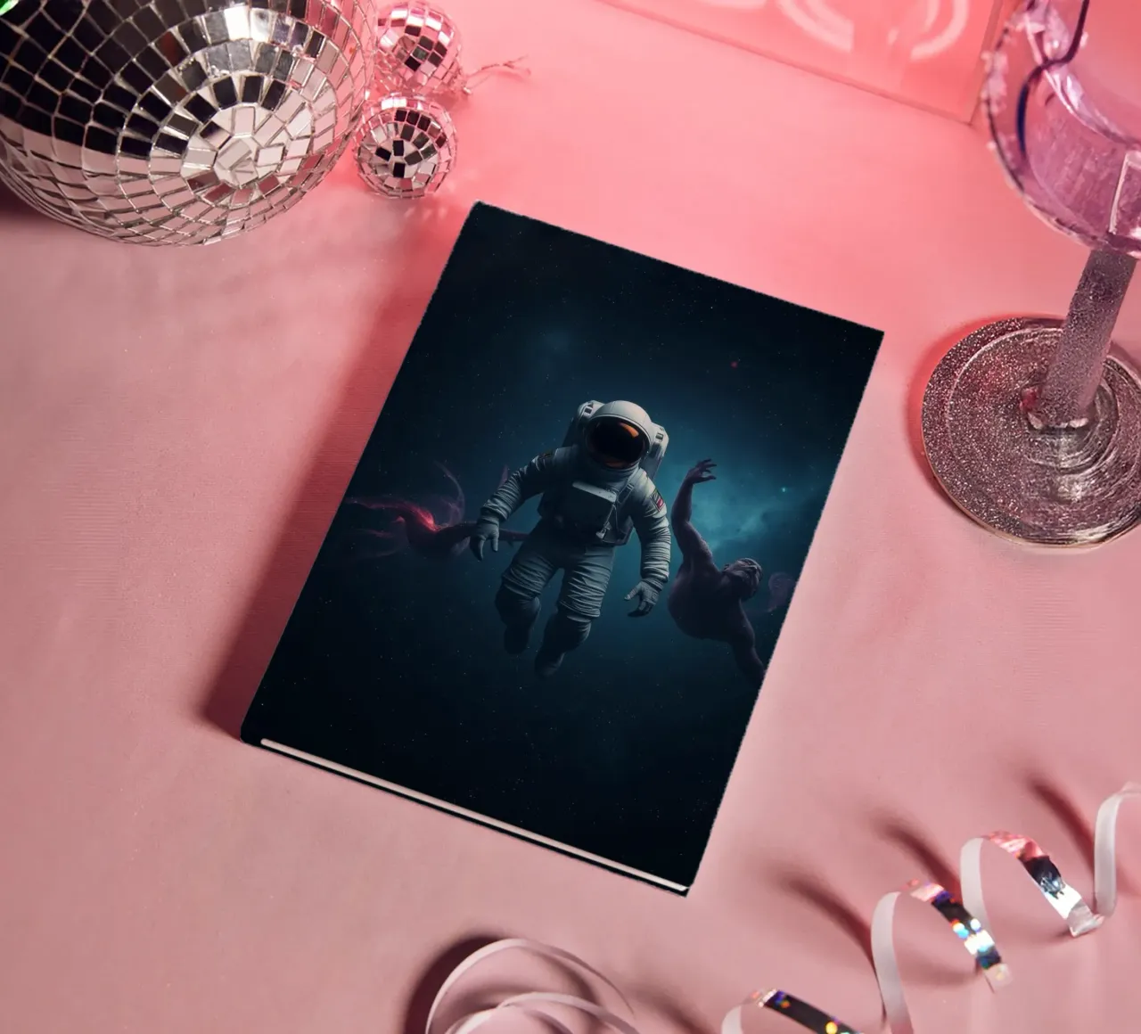 Cosmic exploration with astronaut and abstract beings notebook by DesignDoodle