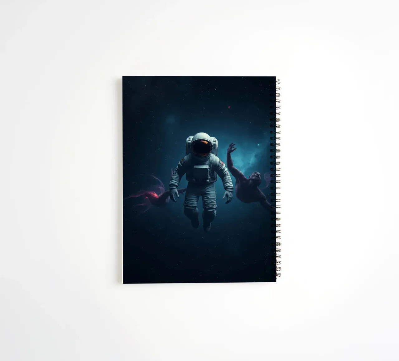 Cosmic exploration with astronaut and abstract beings spiral notebook by DesignDoodle