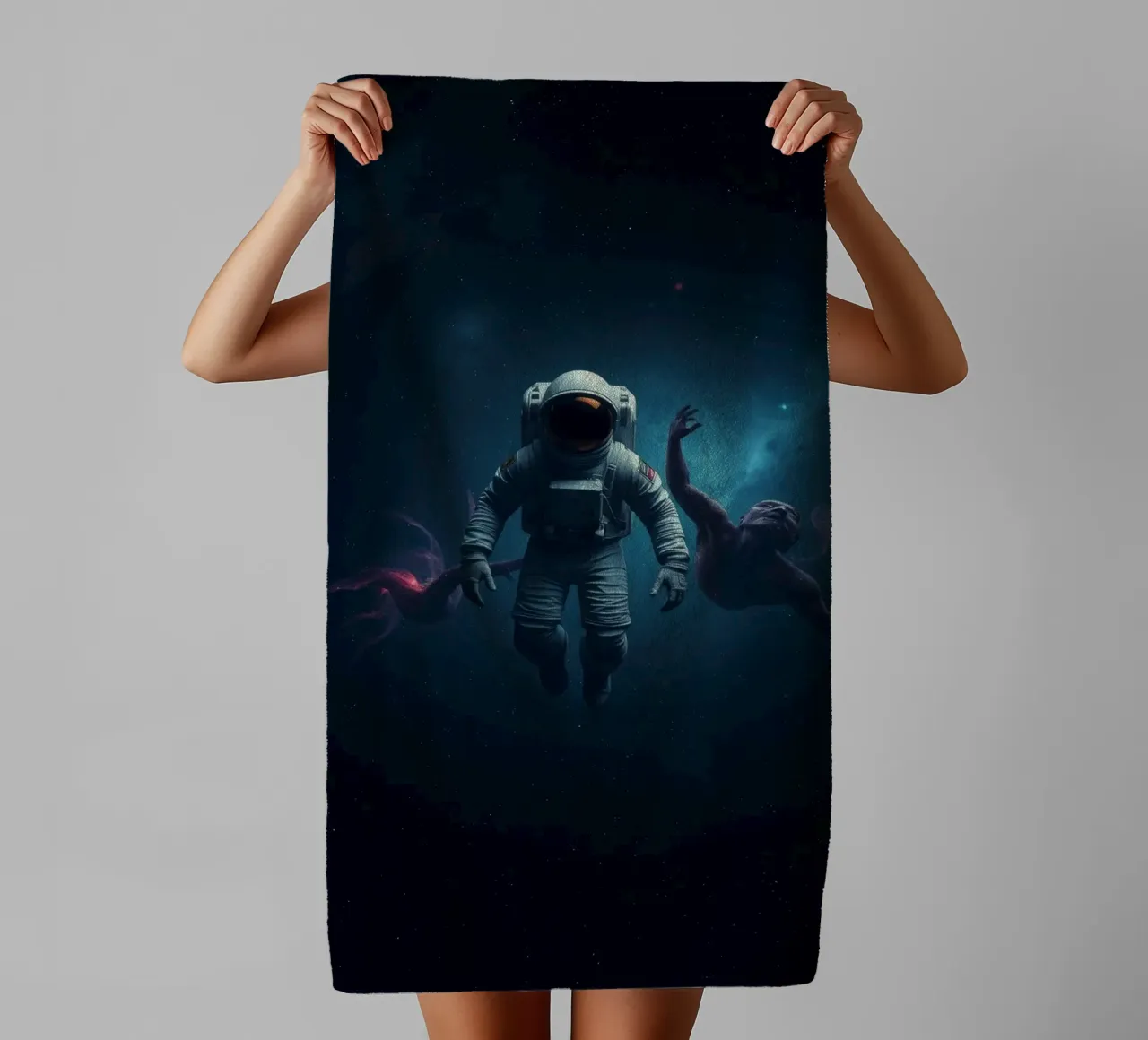 Cosmic exploration with astronaut and abstract beings towel by DesignDoodle